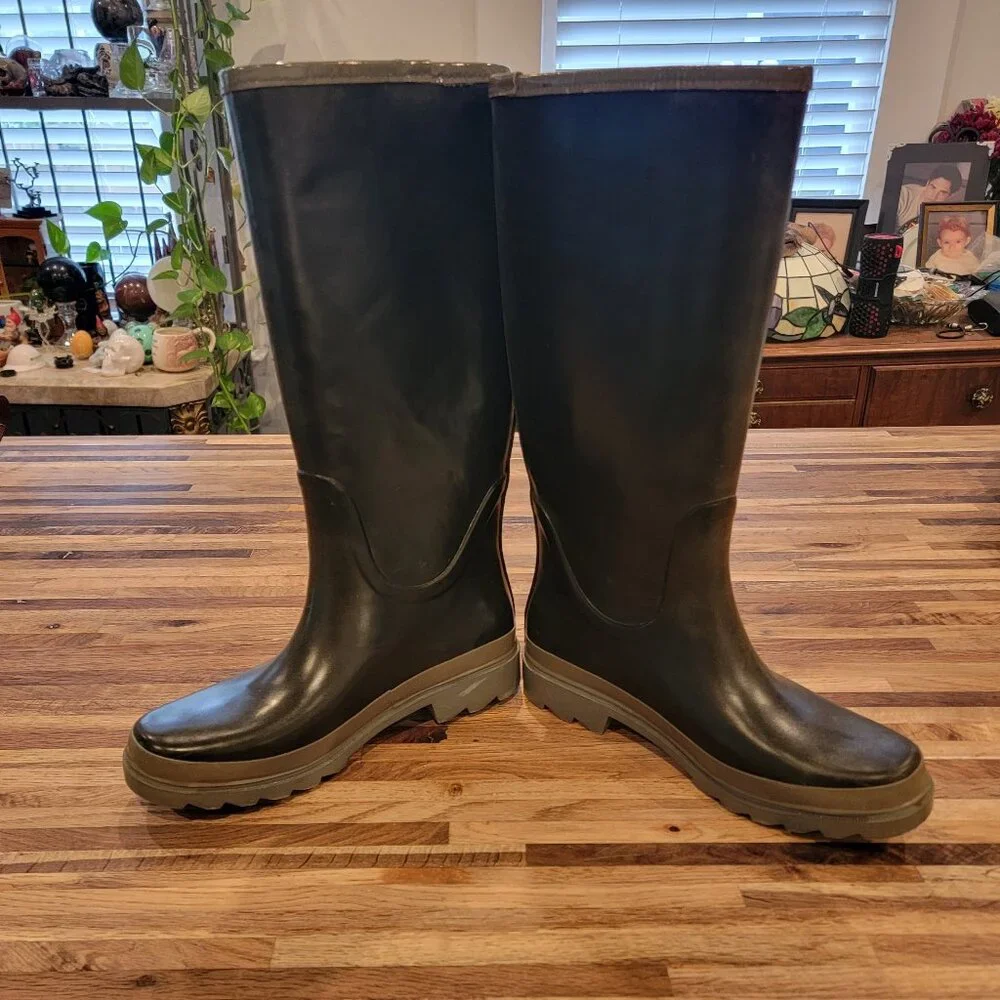 Tory Burch Tall Logo Black & Gray Rubber Rain Boots